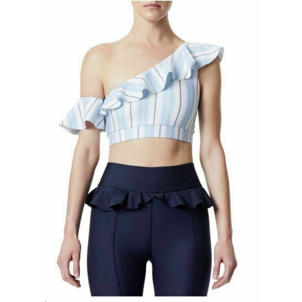 Carbon38 Bralette Size Medium Blue‎ White Stripped One Shoulder Ruffle